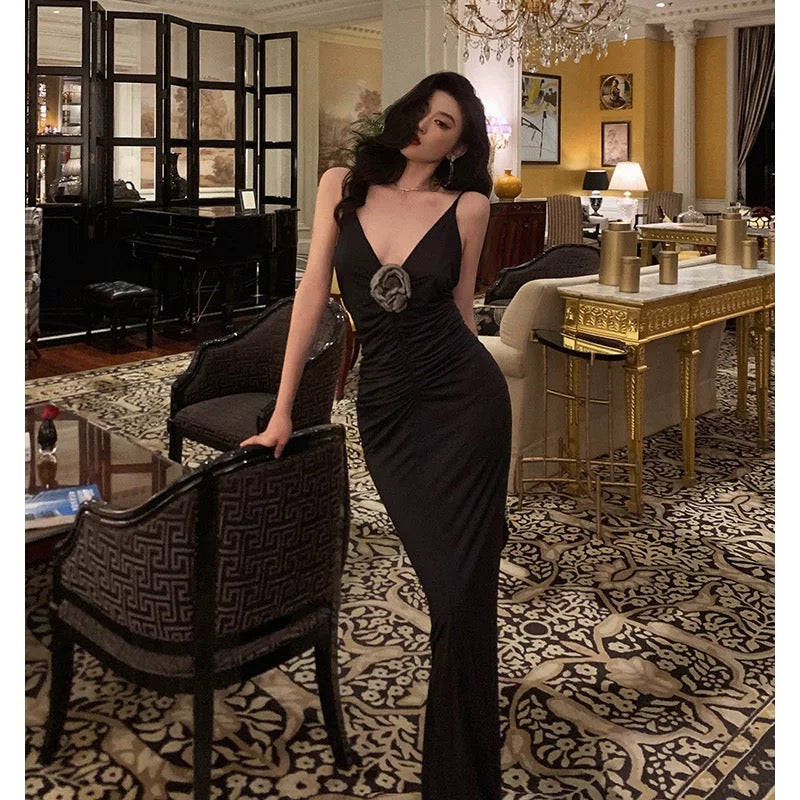 Sexy Sheath Spaghetti Straps Sleeveless Black Prom Dresses Birthday Outfits With Flower