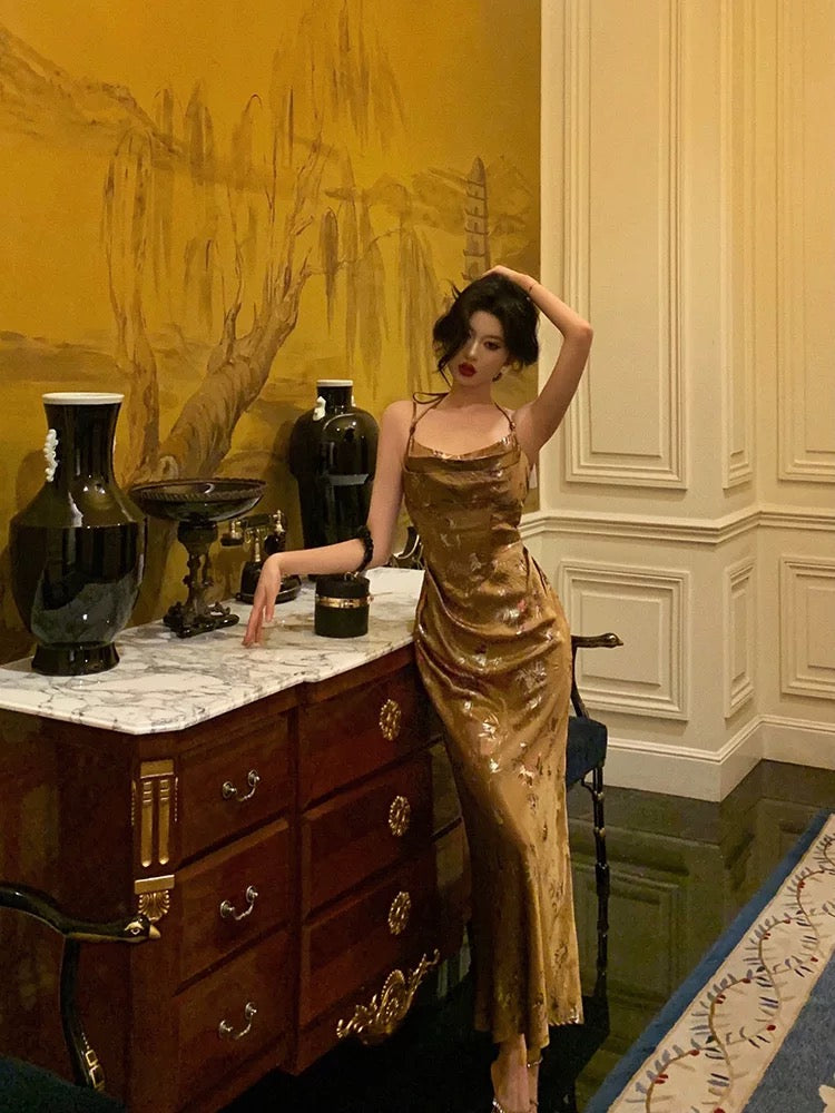 Sexy Sheath Halter Sleeveless Gold Floral Satin Prom Dresses Birthday Outfits