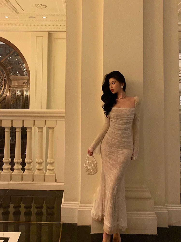 Gorgeous Sheath Square Neckline Long Sleeves Date Night Dress White Lace Prom Dresses Birthday Outfits