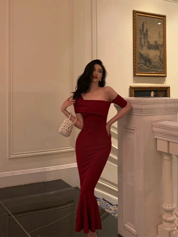 Gorgeous Sheath Off The Shoulder Short Sleeves Date Night Dress Red Prom Dresses Birthday Outfits