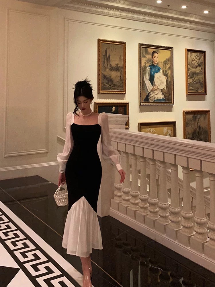 Sexy Sheath Square Neckline Long Sleeves Black Prom Dresses Birthday Outfits With Ruffle