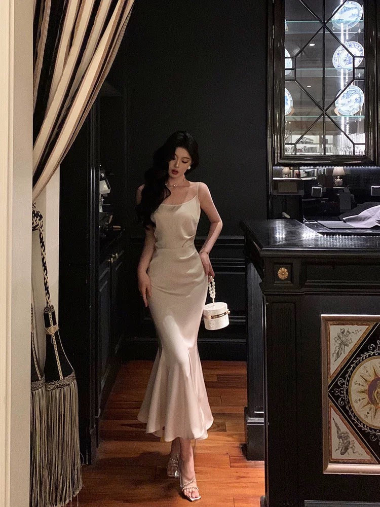 Sexy Sheath Spaghetti Straps Sleeveless Silk Satin Prom Dresses Birthday Outfits