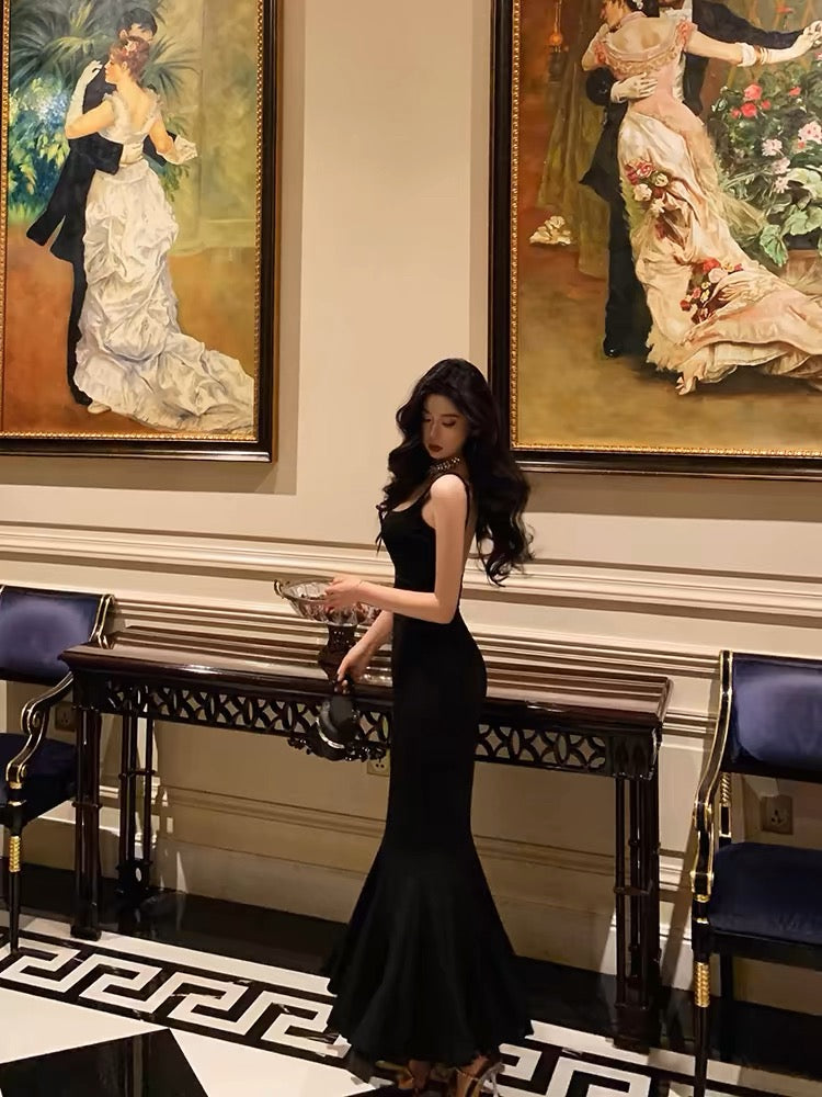 Sexy Mermaid Spaghetti Straps Black Satin Backless Prom Dresses Birthday Outfits