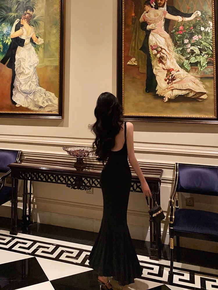 Sexy Mermaid Spaghetti Straps Black Satin Backless Prom Dresses Birthday Outfits