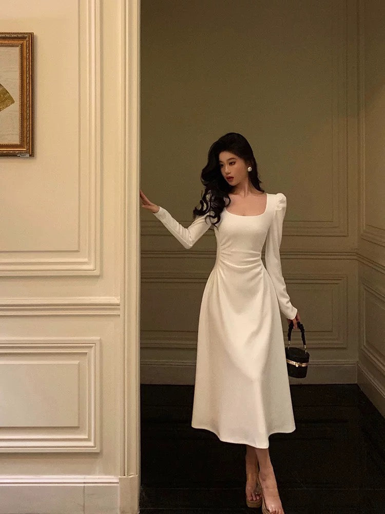 Gorgeous A line Square Neckline Long Sleeves Date Night Dress White Prom Dresses Birthday Outfits