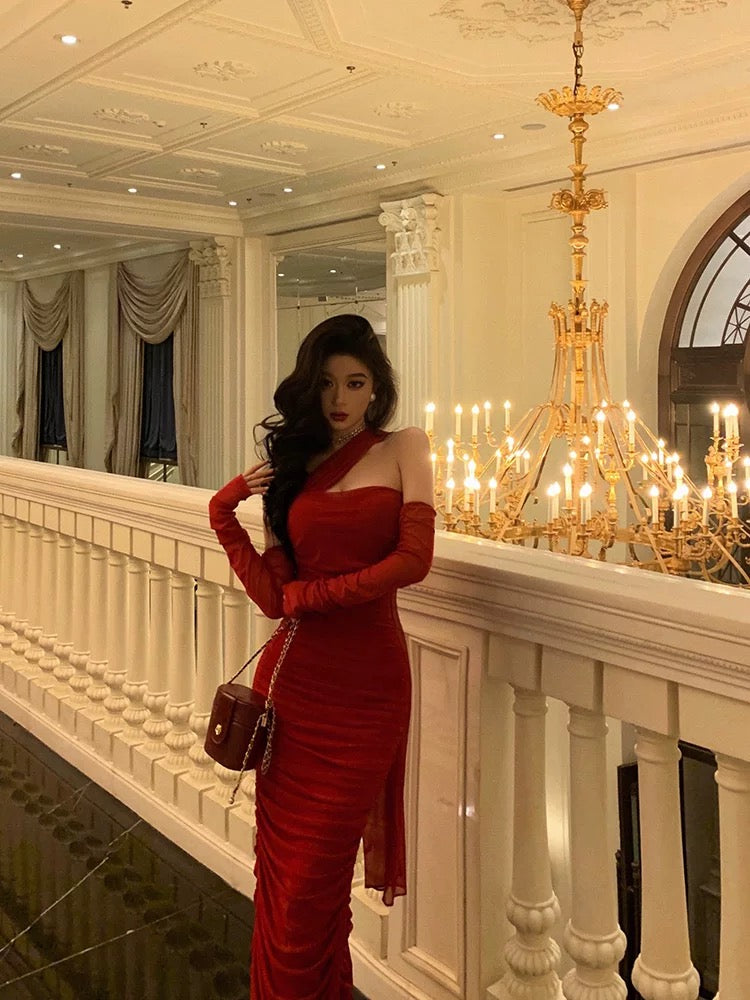Gorgeous Sheath One-Shoulder Sleeveless Date Night Dress Red Ruffle Prom Dresses Birthday Outfits - View 3 | FashionDia