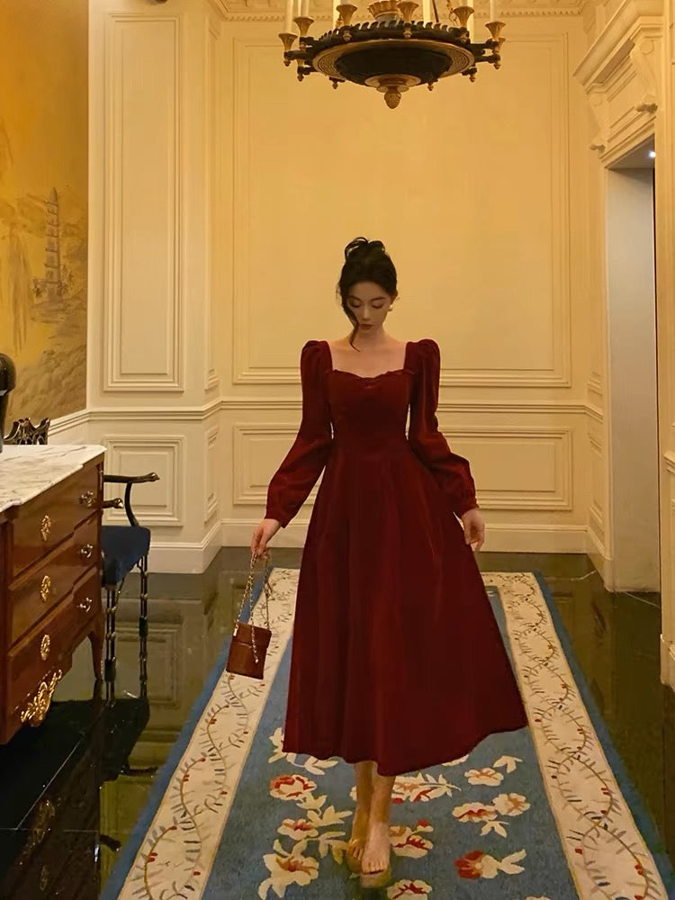 Sexy A line Square Neckline Long Sleeves Tea Length Velvet Prom Dresses Birthday Outfits