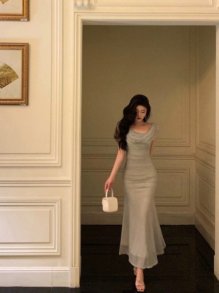 Classy Sheath Off-the-Shoulder Dusty Green Ruffles Prom Dresses Birthday Outfits - FashionDia