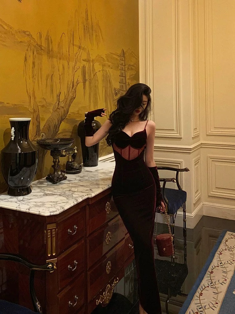 Classy Mermaid Spaghetti Straps Sleeveless Burgundy Velvet Prom Dresses Birthday Outfits