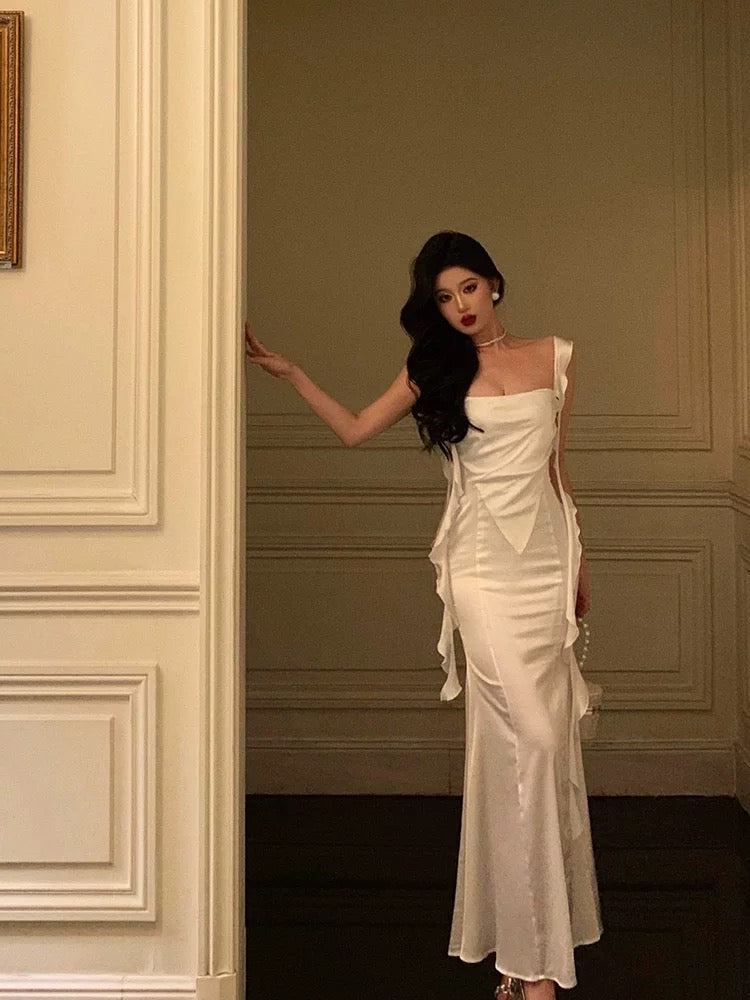 Sexy Sheath Straps White Satin Long Prom Dresses Birthday Outfit