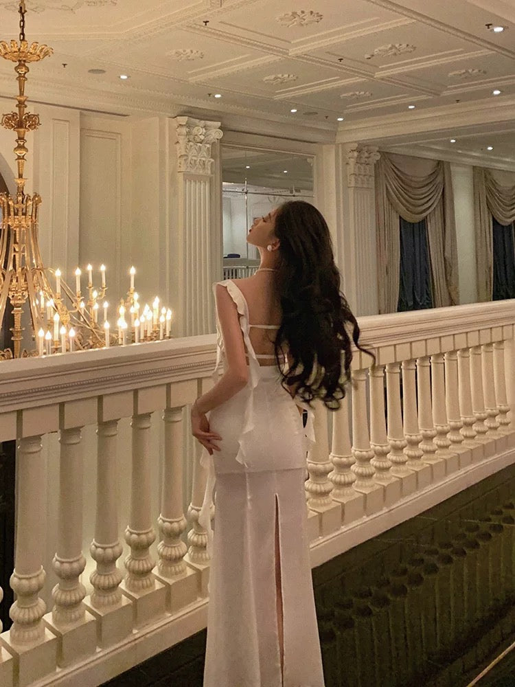 Sexy Sheath Straps White Satin Long Prom Dresses Birthday Outfit