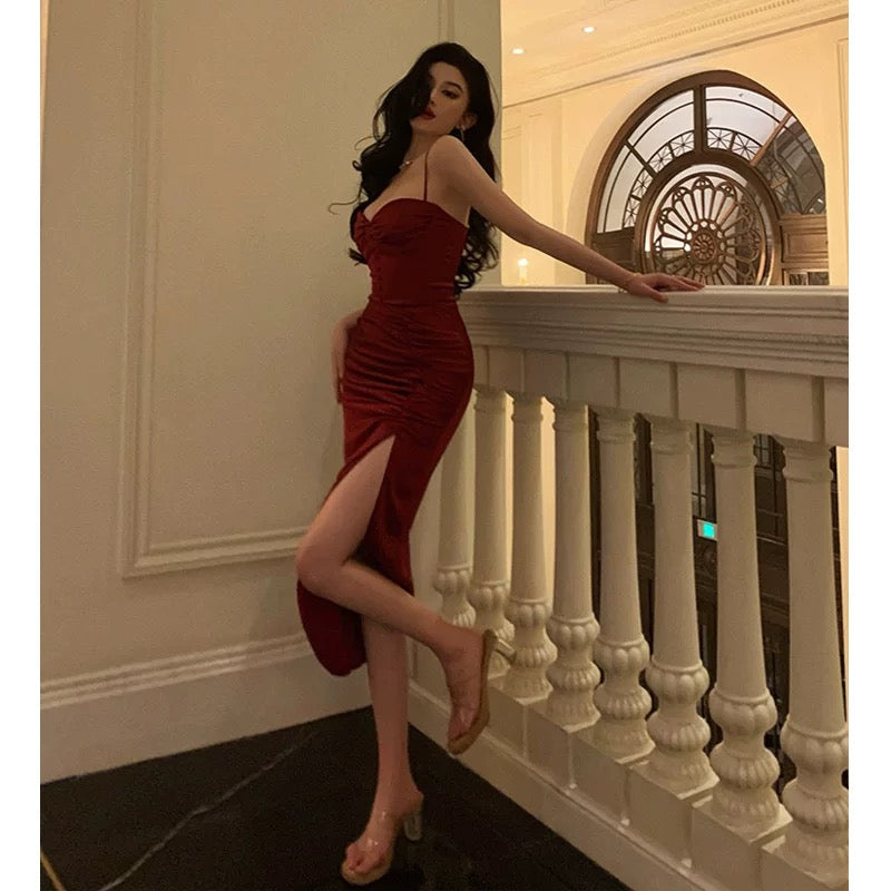 Gorgeous Sheath Spaghetti Straps Red Sleeveless Velvet Date Night Dress Prom Dresses Birthday Outfit - View 5 | FashionDia