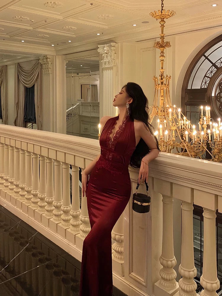 Gorgeous Sheath Halter Burgundy Sleeveless Lace Date Night Dress Prom Dresses Birthday Outfit - View 5 | FashionDia
