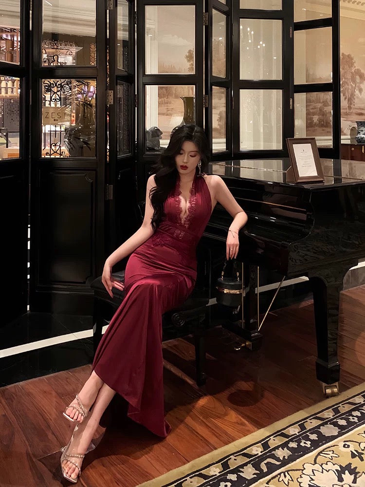 Gorgeous Sheath Halter Burgundy Sleeveless Lace Date Night Dress Prom Dresses Birthday Outfit - View 2 | FashionDia