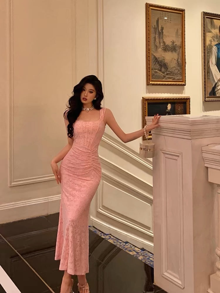 Sexy Sheath Square Neckline Pink Lace Prom Dresses Birthday Outfits