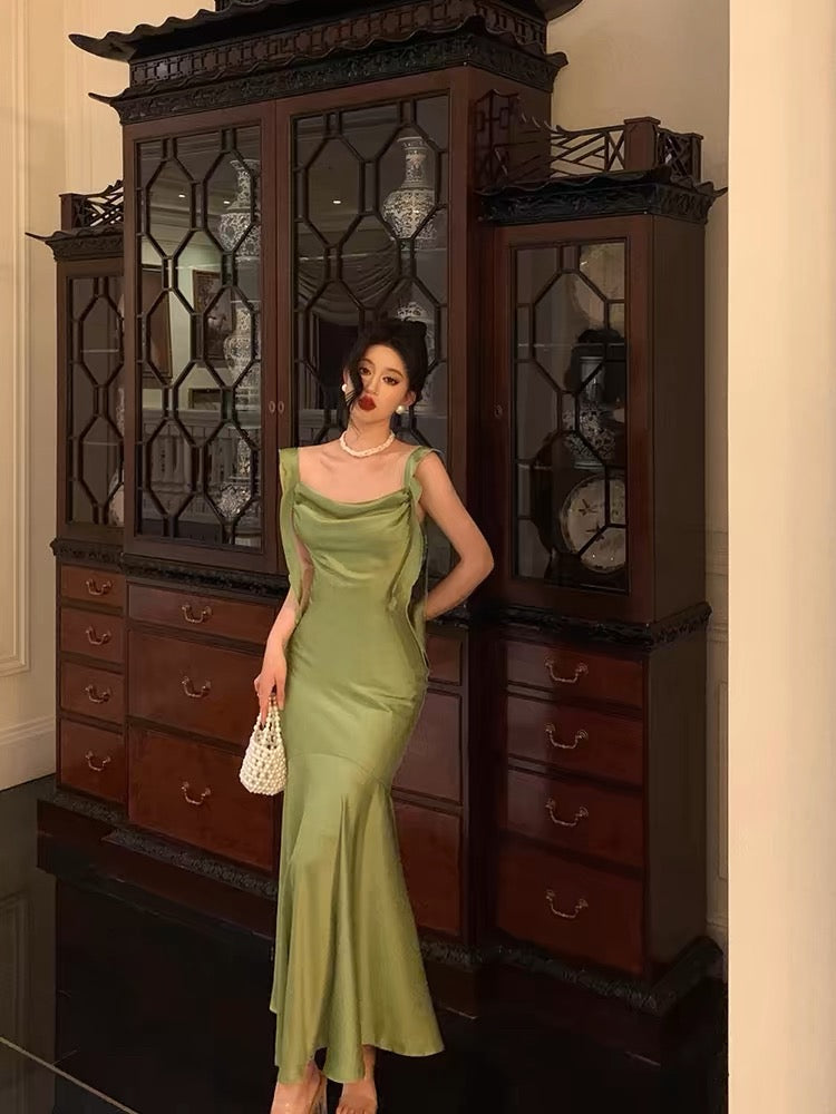 Classy Mermaid Straps Green Satin Prom Dresses Birthday Outfits