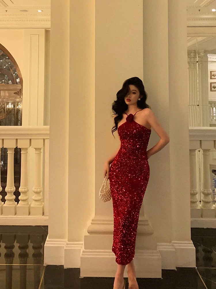 Sexy Sheath Halter Sleeveless Flower Sequin Date Night Dress Prom Dresses Birthday Outfits