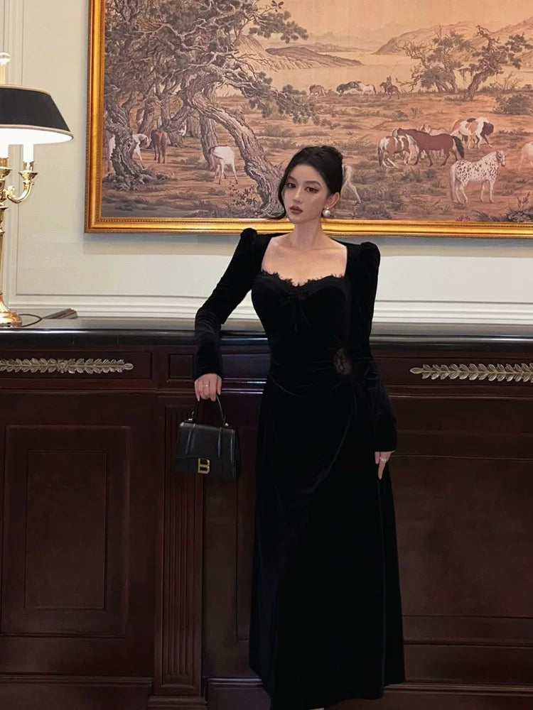 Sexy A-Line Square neckline Long Sleeves Velvet Lace Date Night Dress Prom Dresses Birthday Outfits - View 4 | FashionDia
