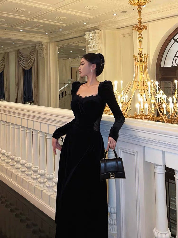 Sexy A-Line Square neckline Long Sleeves Velvet Lace Date Night Dress Prom Dresses Birthday Outfits - View 5 | FashionDia
