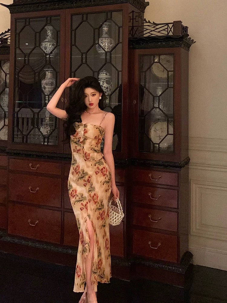 Sexy Mermaid Spaghetti Straps Floral Slit Long Prom Dresses Birthday Outfit - View 2 | FashionDia