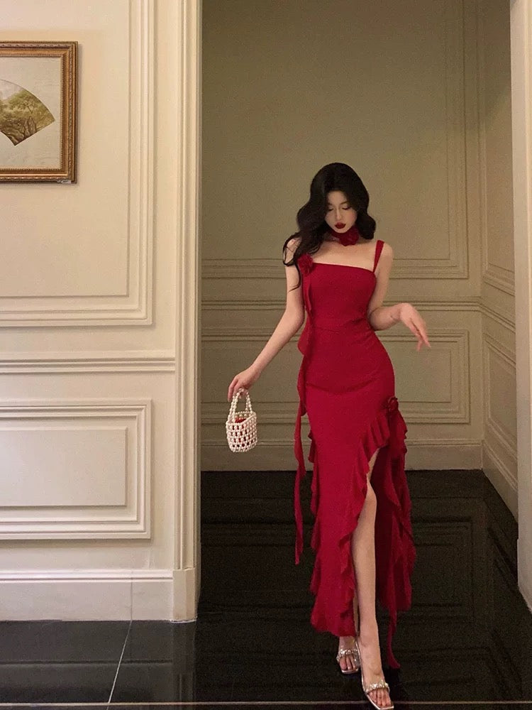 Stunning Sheath Spaghetti Straps Red Ruffles Date Night Dress Prom Dresses Birthday Outfit