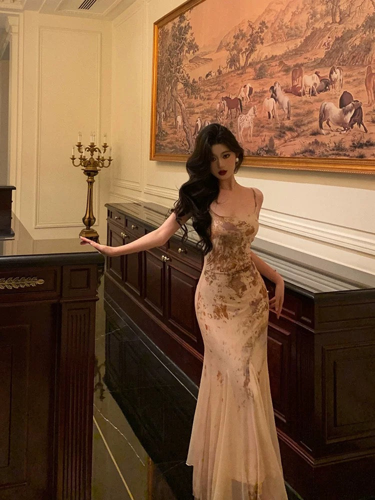 Stunning Mermaid Spaghetti Straps Champagne Floral Date Night Dress Prom Dresses Birthday Outfit - View 3 | FashionDia