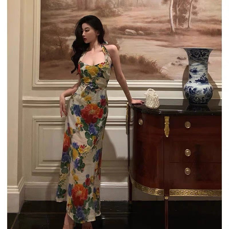 Pretty A Line Halter Floral Long Prom Dresses Birthday Outfits Evening Gown