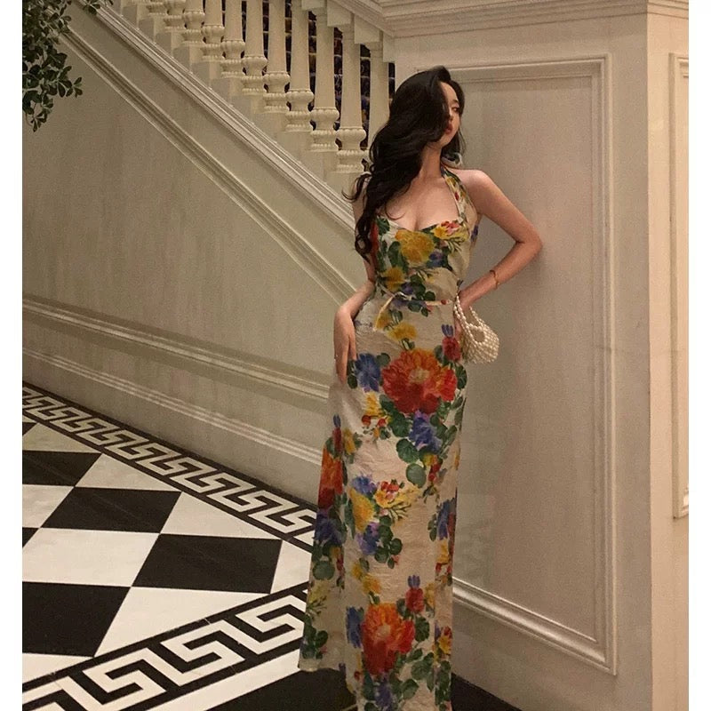 Pretty A Line Halter Floral Long Prom Dresses Birthday Outfits Evening Gown