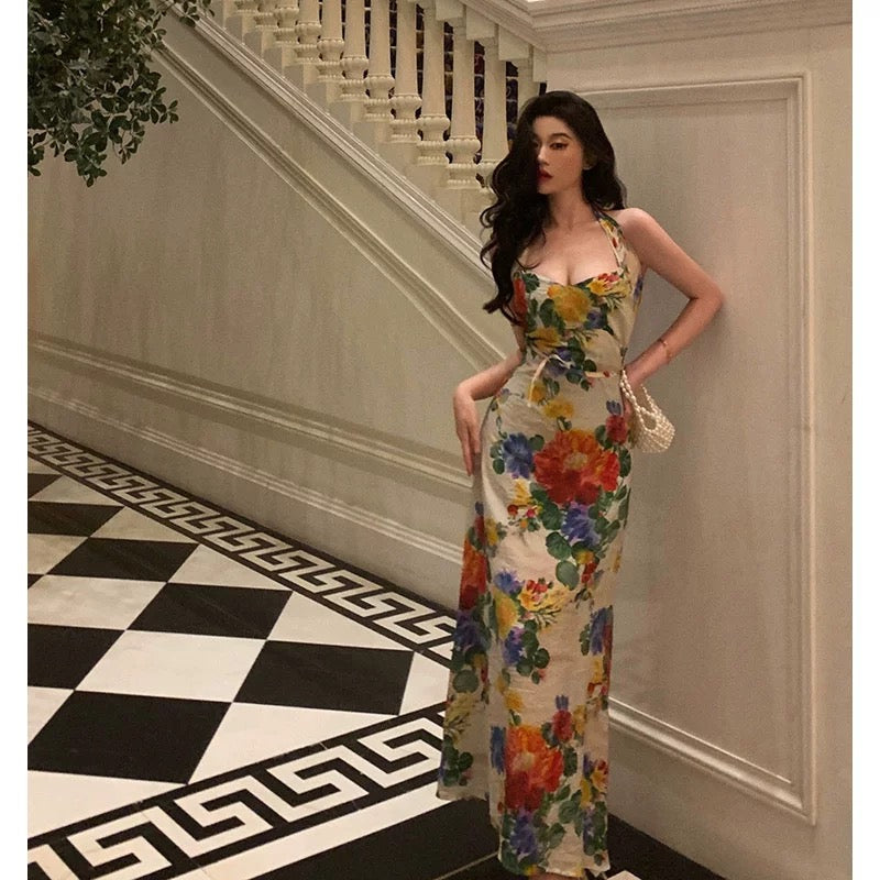 Pretty A Line Halter Floral Long Prom Dresses Birthday Outfits Evening Gown
