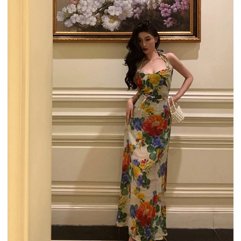 Pretty A Line Halter Floral Long Prom Dresses Birthday Outfits Evening Gown