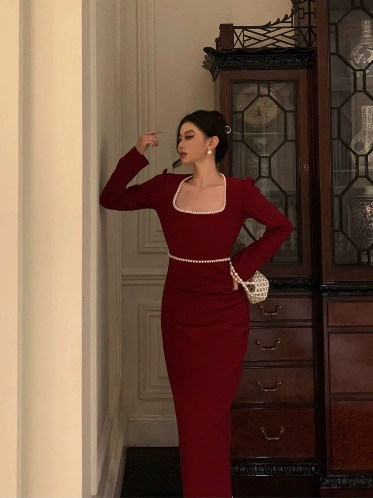 Stunning Sheath Square Neckline Long Sleeves Date Night Dress Red Prom Dresses Birthday Outfit