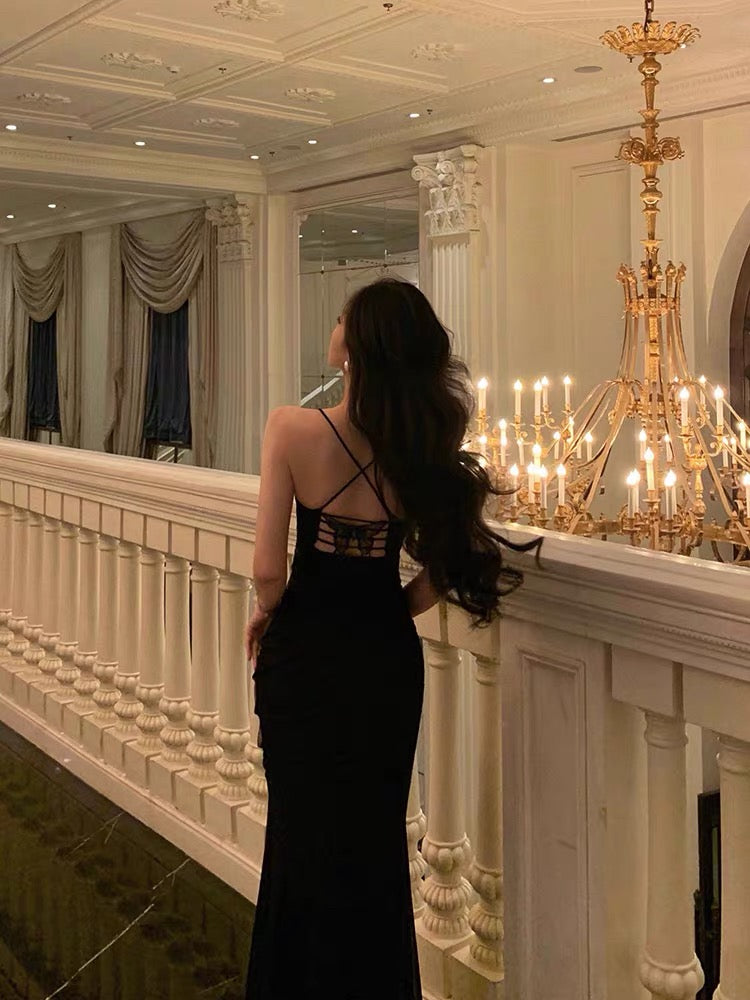 Classy Sheath Spaghetti Straps Sleeveless Black Backless Prom Dresses Birthday Outfits