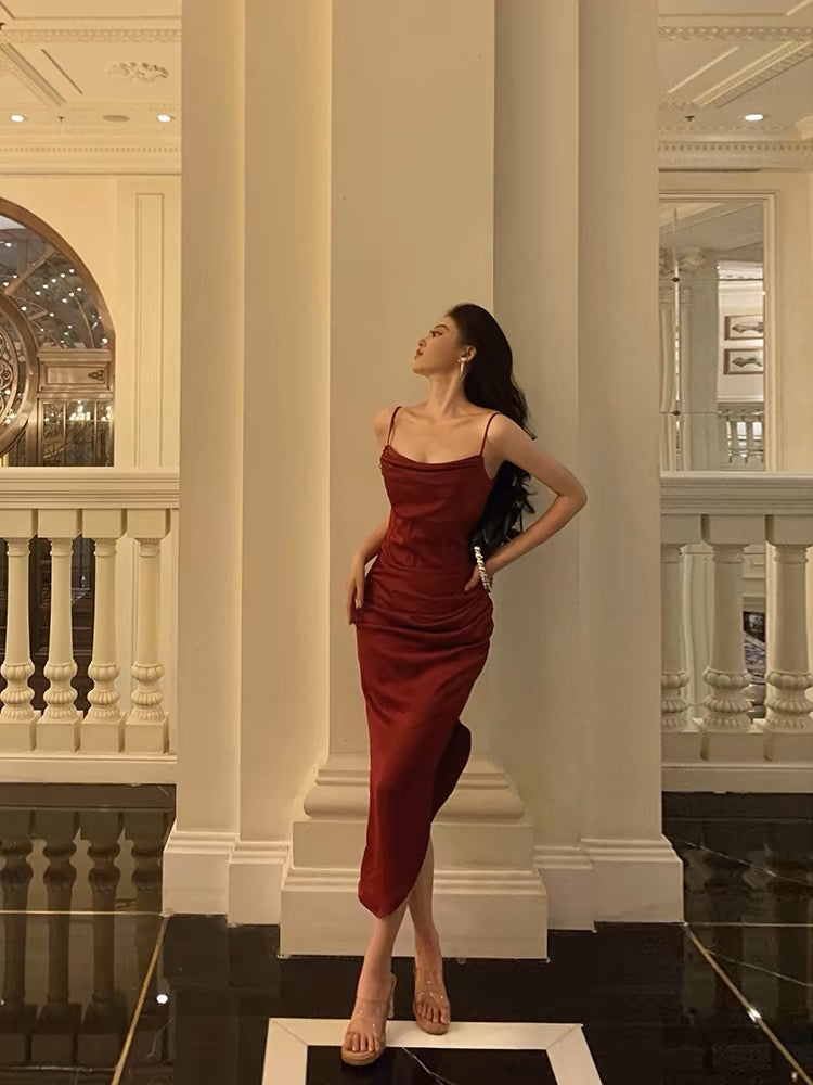 Classy Sheath Spaghetti Straps Red Slit Prom Dresses Birthday Outfits - FashionDia