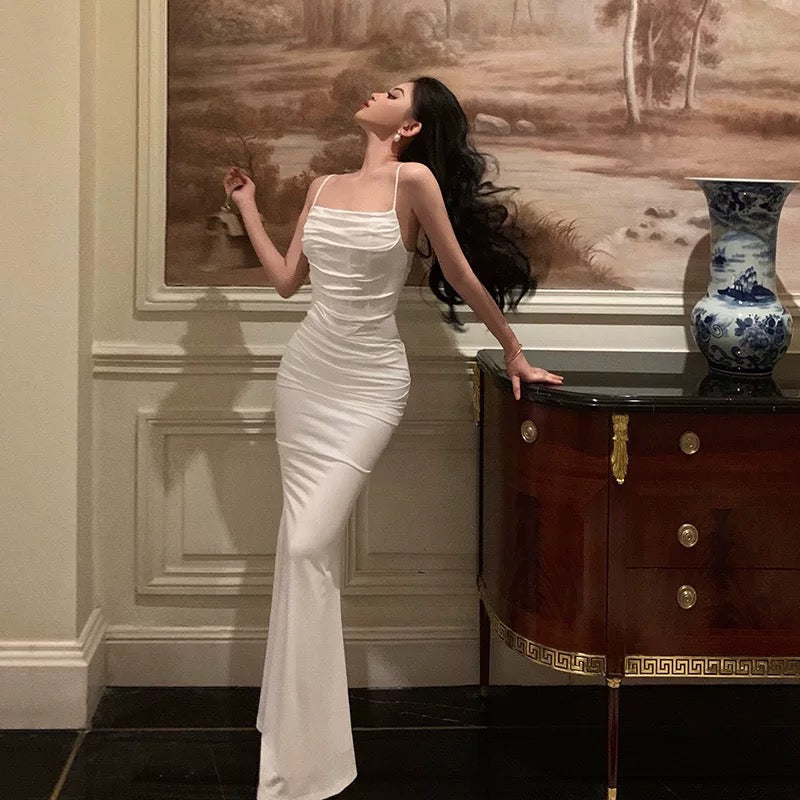 Classy Sheath Spaghetti Straps White Long Prom Dresses Birthday Outfits - View 4 | FashionDia
