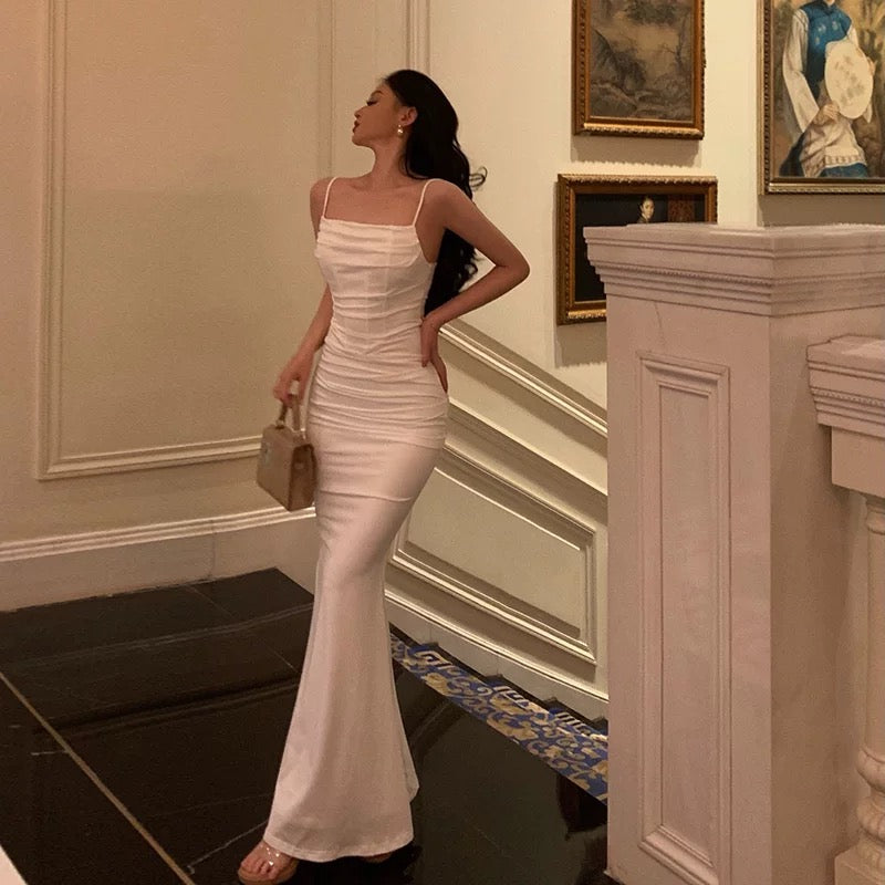 Classy Sheath Spaghetti Straps White Long Prom Dresses Birthday Outfits - View 3 | FashionDia