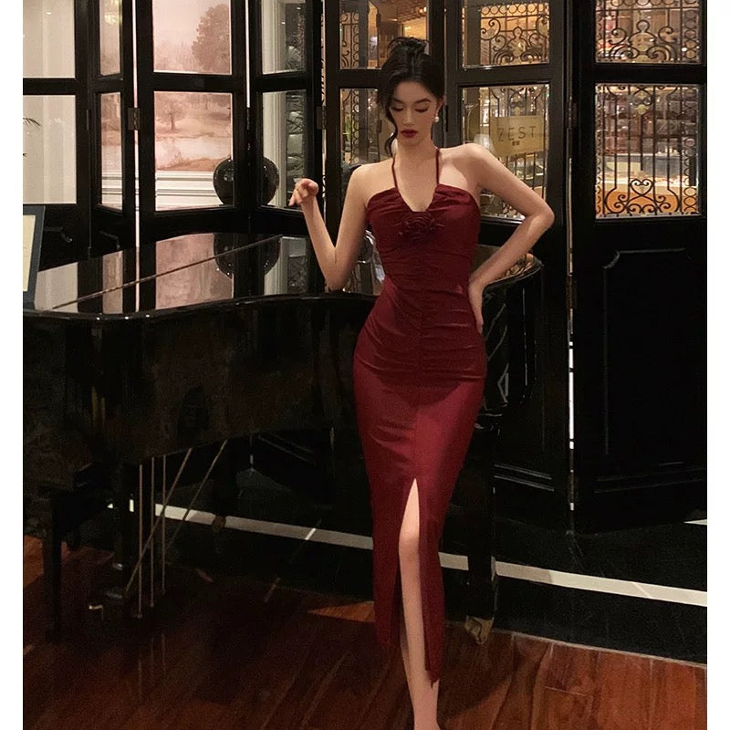 Stunning Sheath Halter Date Night Dress Prom Dresses Red Birthday Party Outfit - View 5 | FashionDia