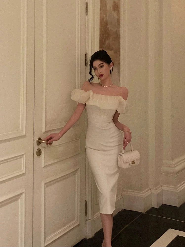 Classy Sheath Off-the-Shoulder White Prom Dresses Birthday Outfits - View 4 | FashionDia