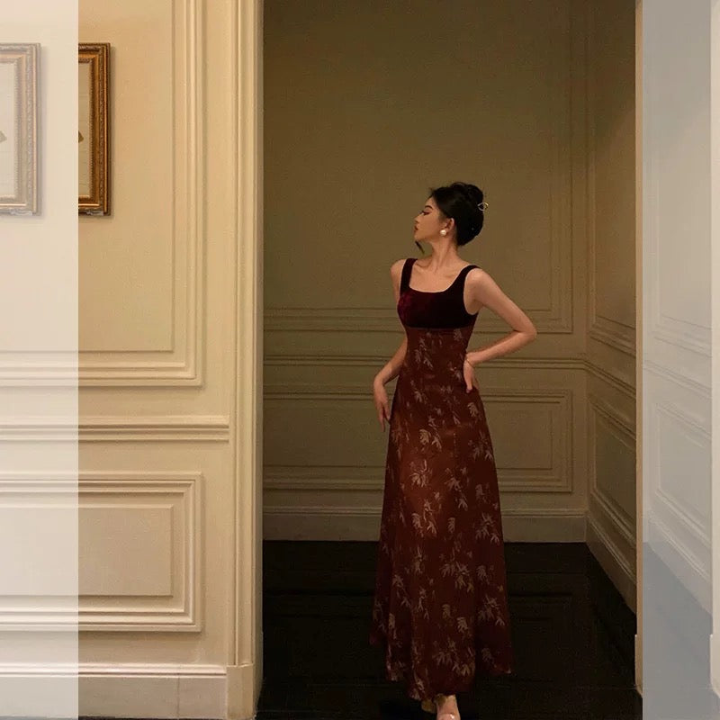 Classy A-Line Straps Burgundy Velvet Floral Prom Dresses Birthday Outfits Evening Gown - View 5 | FashionDia