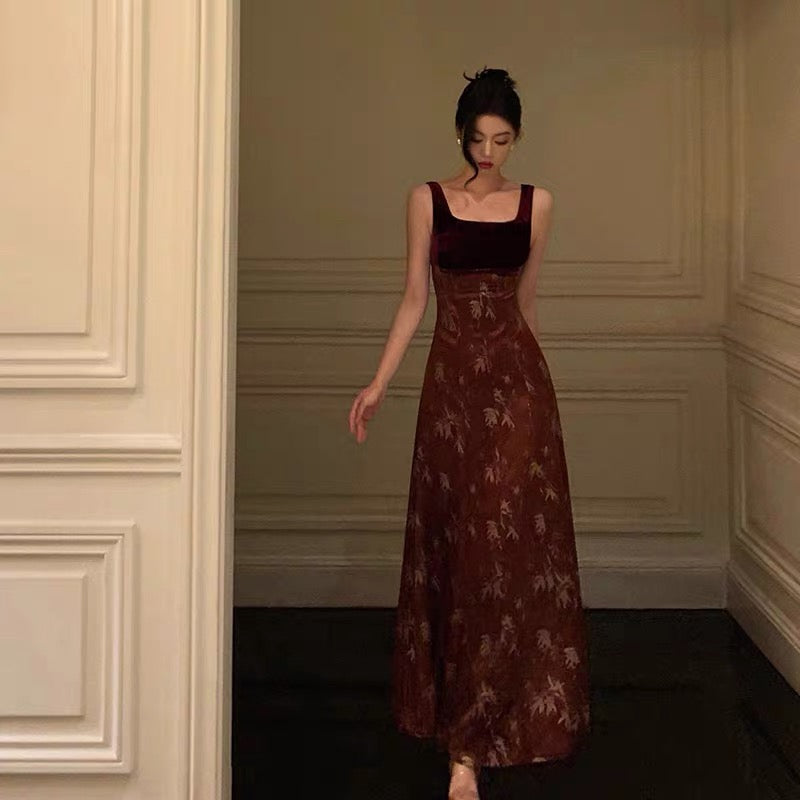 Classy A-Line Straps Burgundy Velvet Floral Prom Dresses Birthday Outfits Evening Gown - View 2 | FashionDia