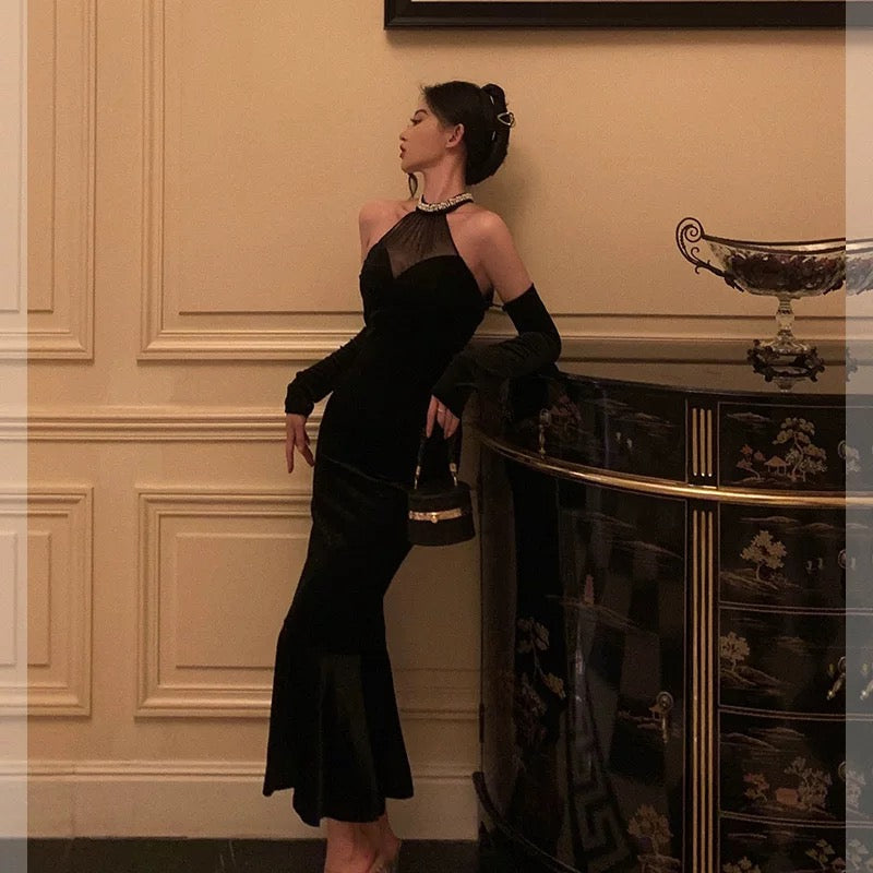 Classy Mermaid High Neckline Black Velvet Prom Dresses Birthday Outfits Evening Gown