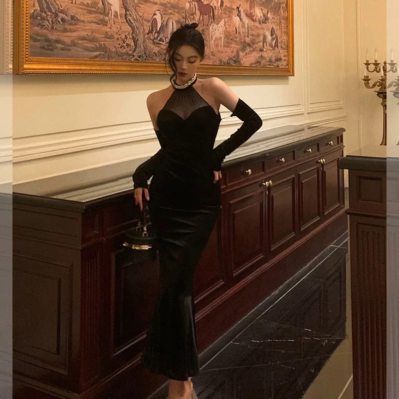 Classy Mermaid High Neckline Black Velvet Prom Dresses Birthday Outfits Evening Gown