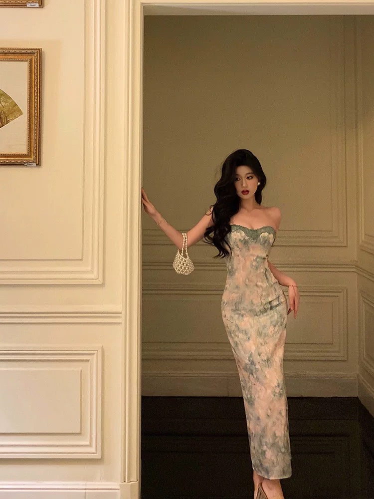 Classy Sheath Spaghetti Straps Green Floral Lace Prom Dresses Birthday Outfits Evening Gown - FashionDia