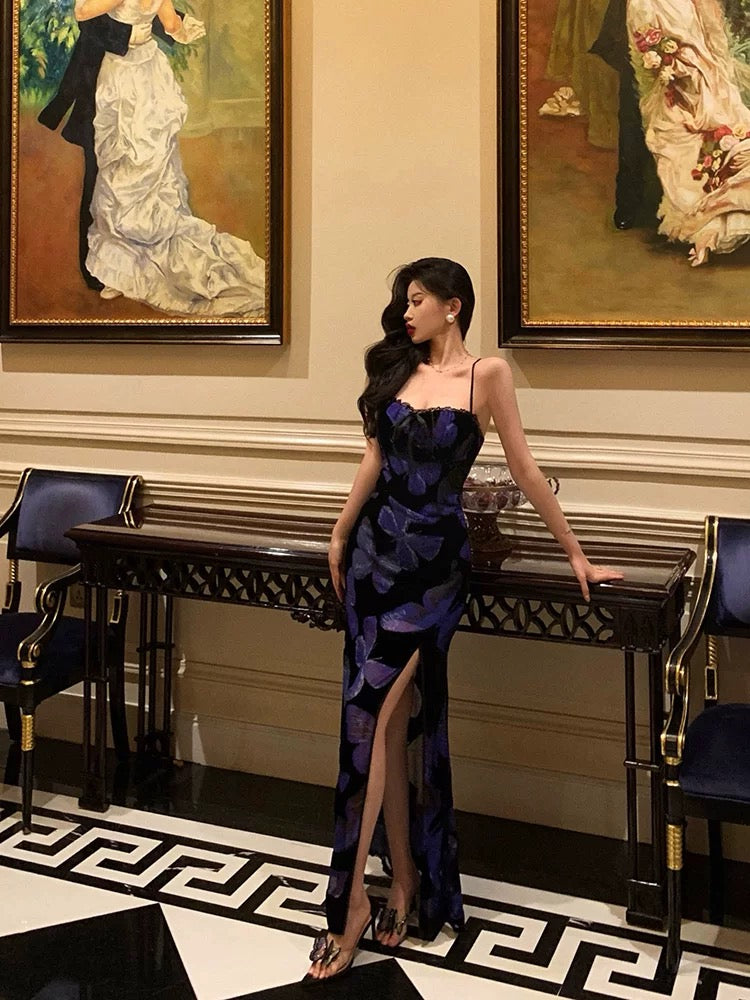 Classy Sheath Spaghetti Straps Royal Blue Floral Prom Dresses Birthday Outfits Evening Gown