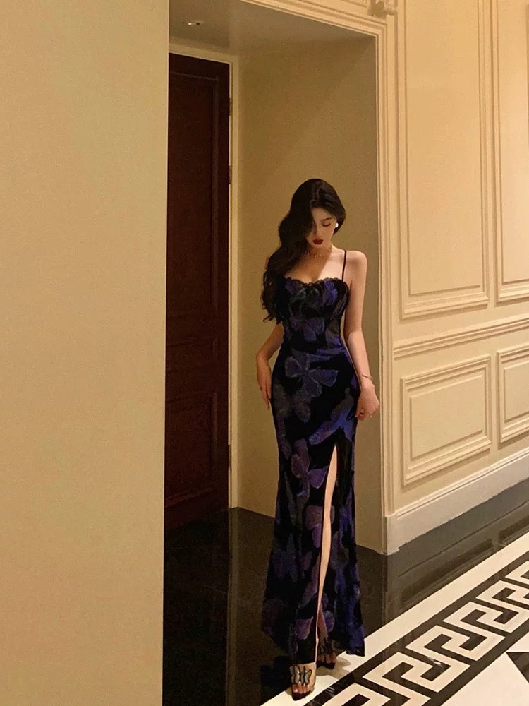Classy Sheath Spaghetti Straps Royal Blue Floral Prom Dresses Birthday Outfits Evening Gown