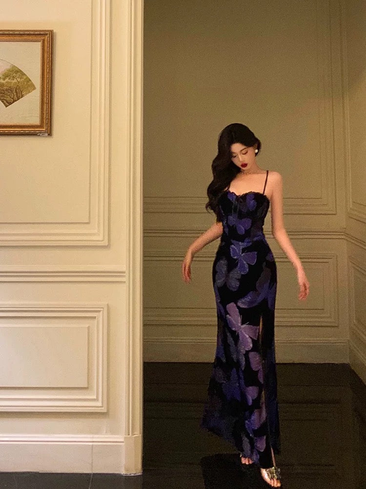 Classy Sheath Spaghetti Straps Royal Blue Floral Prom Dresses Birthday Outfits Evening Gown