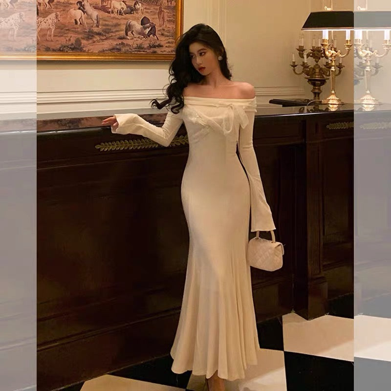 Classy Mermaid Off-the-Shoulder White Ruffles Long Sleeves Prom Dresses Birthday Outfits Evening Gown - FashionDia