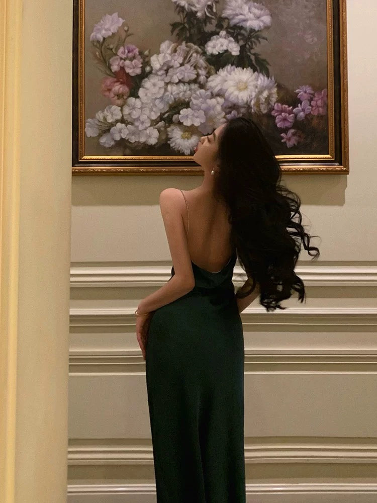 Classy Sheath Spaghetti Straps Dark Green Satin Prom Dresses Birthday Outfits Evening Gown - View 5 | FashionDia