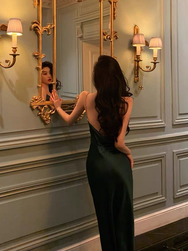 Classy Sheath Spaghetti Straps Dark Green Satin Prom Dresses Birthday Outfits Evening Gown - View 2 | FashionDia