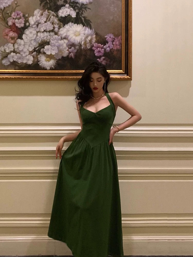 Classy A-Line Halter Dark Green Prom Dresses Birthday Outfits Evening Gown - FashionDia