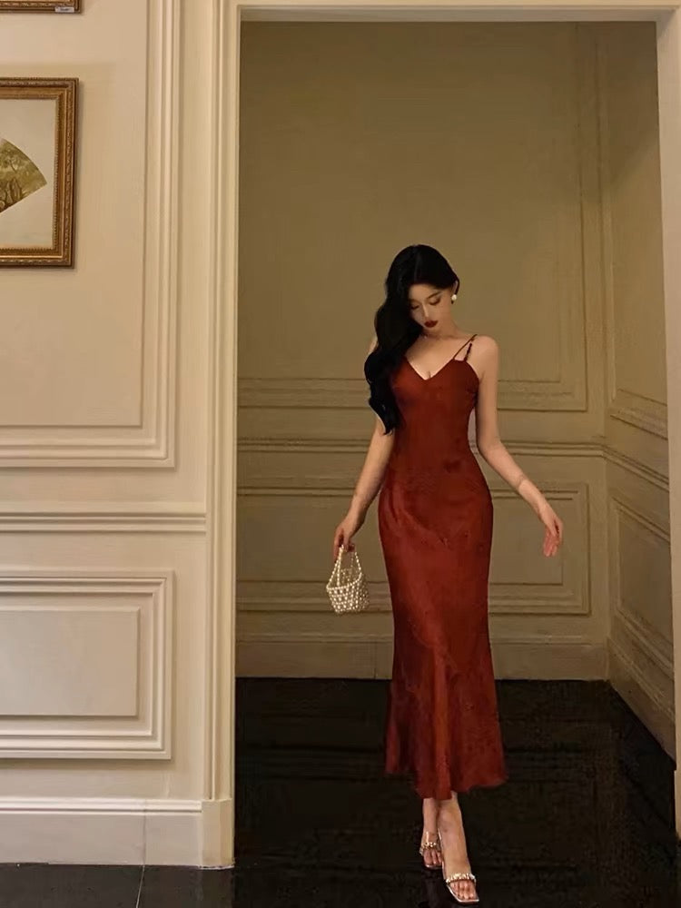 Classy Sheath Spaghetti Straps Red Lace Prom Dresses Birthday Outfits Evening Gown - FashionDia